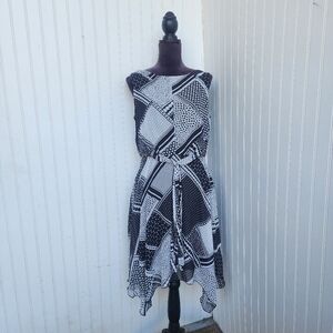 Stella & Julie Black White Sleveless Tie Front Chiffon Dress Geo Print Sz 12